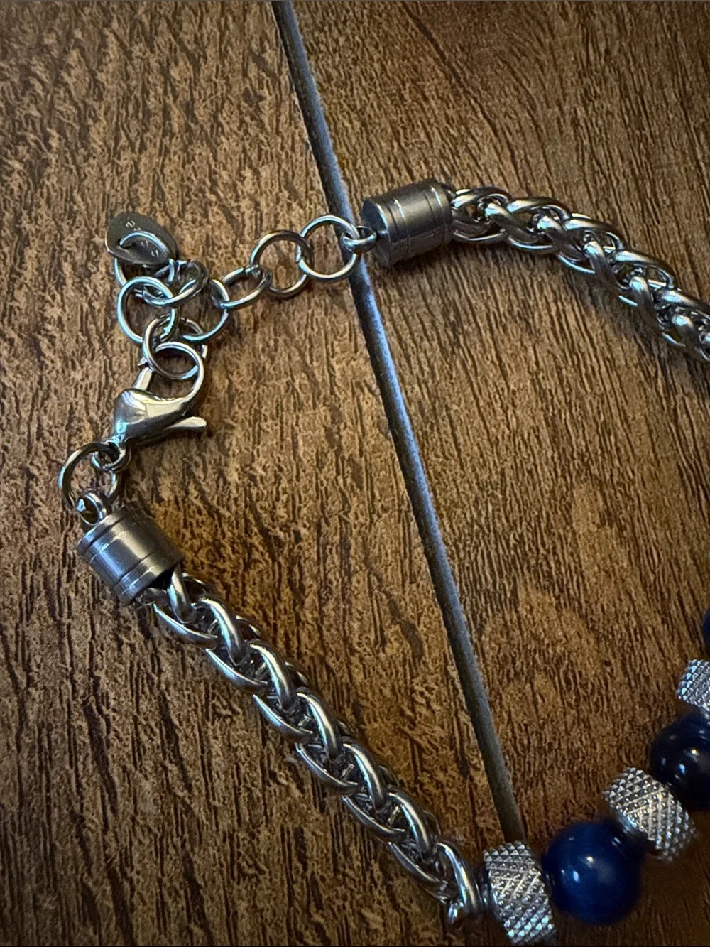 Silver Chain Bracelet with Blue Beads. Stainless Steel